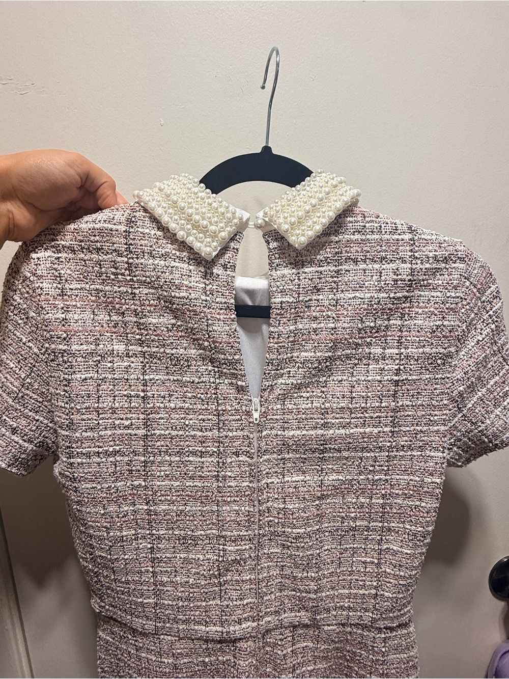 NEW! Francesca's Collections Pink & White Pearl-Collar Tweed Mini Dress - Picture 6 of 7